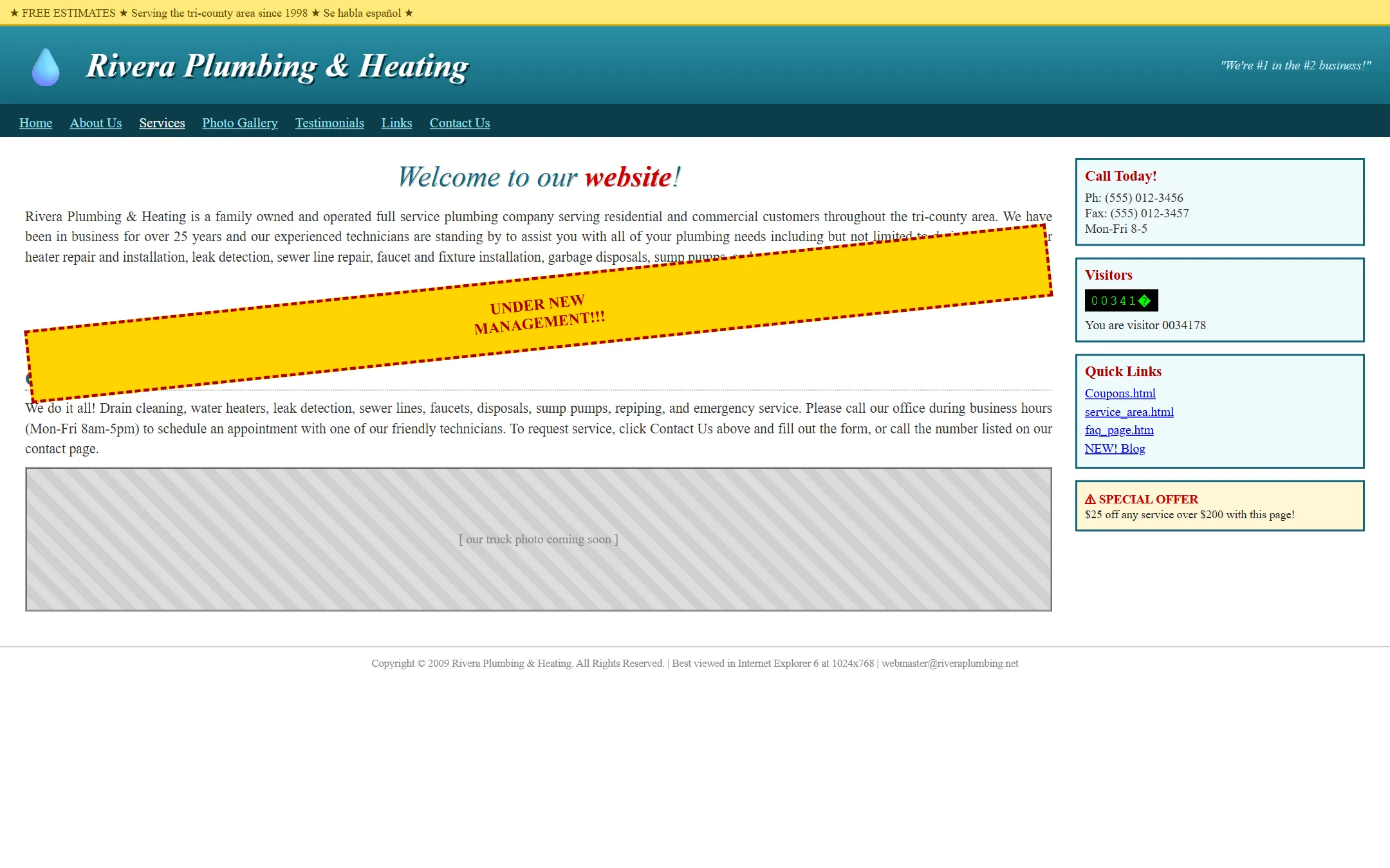 The owner's original site, slow to load, hard to read on a phone, with the option to book a job buried two clicks deep.